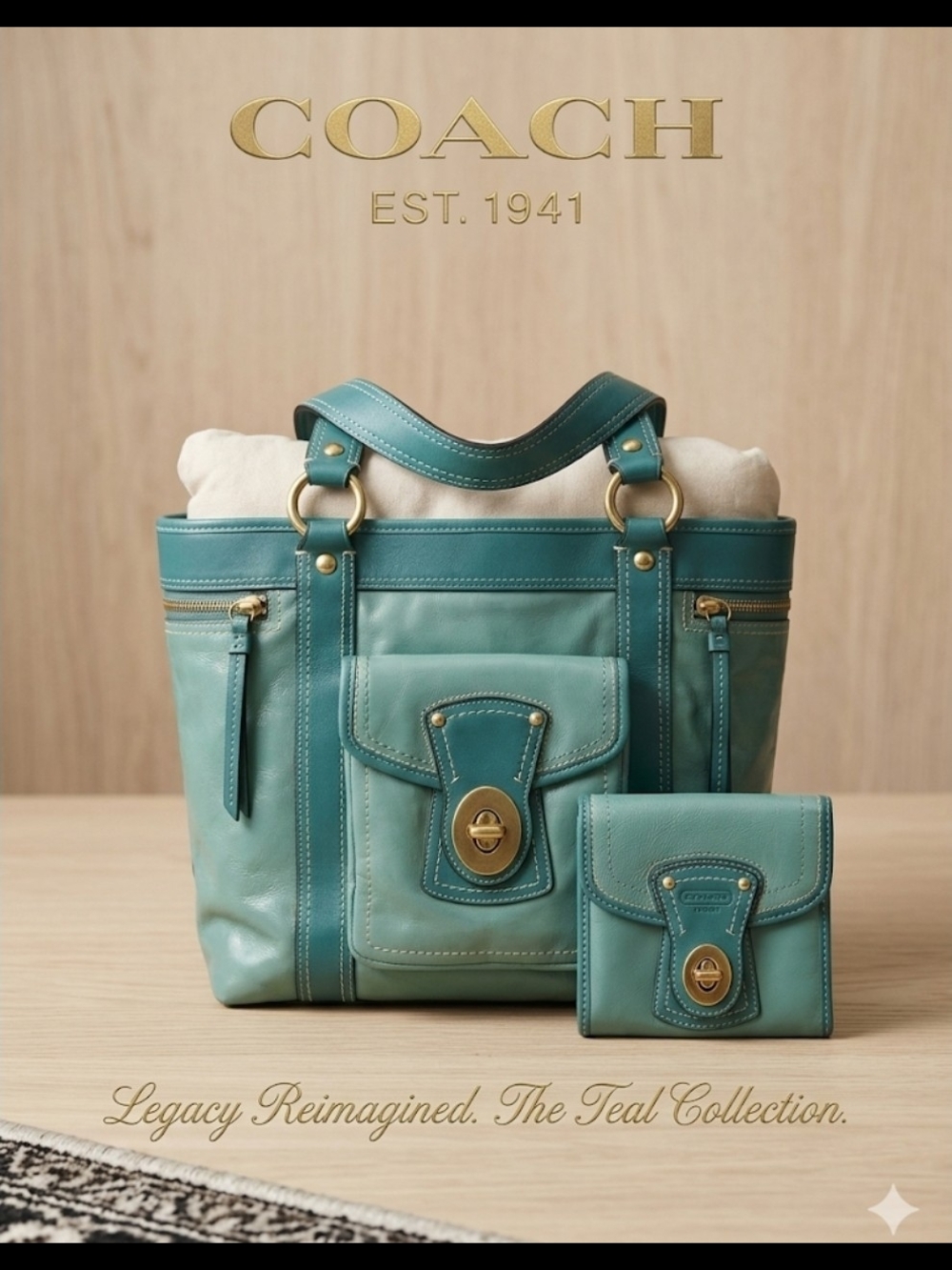 Coach Teal Leather Tote with Matching Wallet